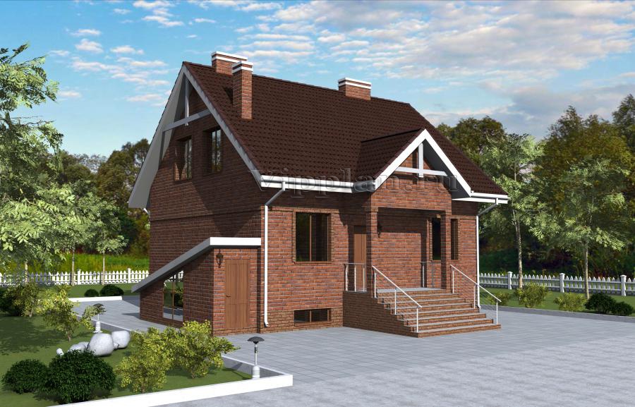 Одноэтажный дом с мансардой, эркером, террасой и балконами