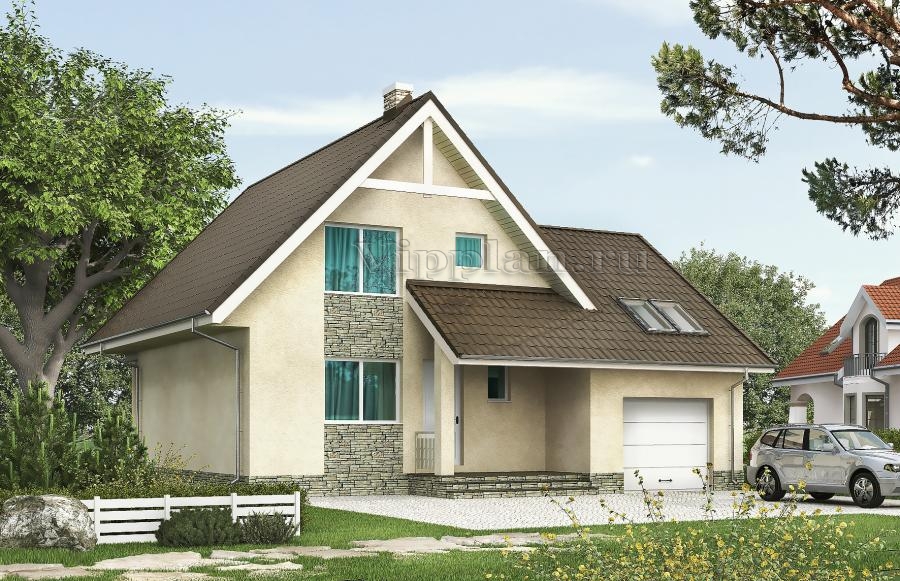 Одноэтажный дом с мансардой, гаражом и террасой