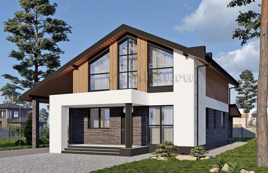 Одноэтажный дом с мансардой, четырьмя спальнями и навесом под машины