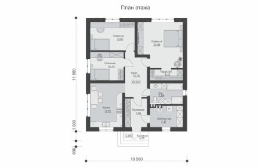 Одноэтажный дом с тремя спальнями и просторной кухней